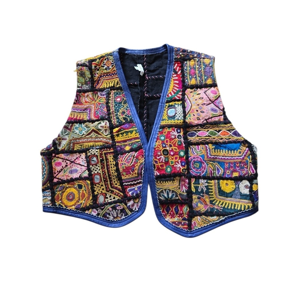 Laise Adzer Vintage Handmade Embroidered Patchwork Mirror Vest Blue